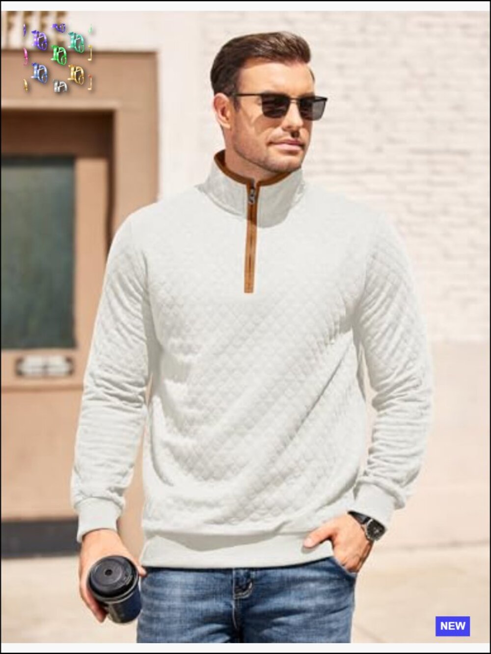 Mock Neck Quarter Zip Quilted Sweatshirt Long Sleeve Pullover Regular Fit - Picture 2 of 7